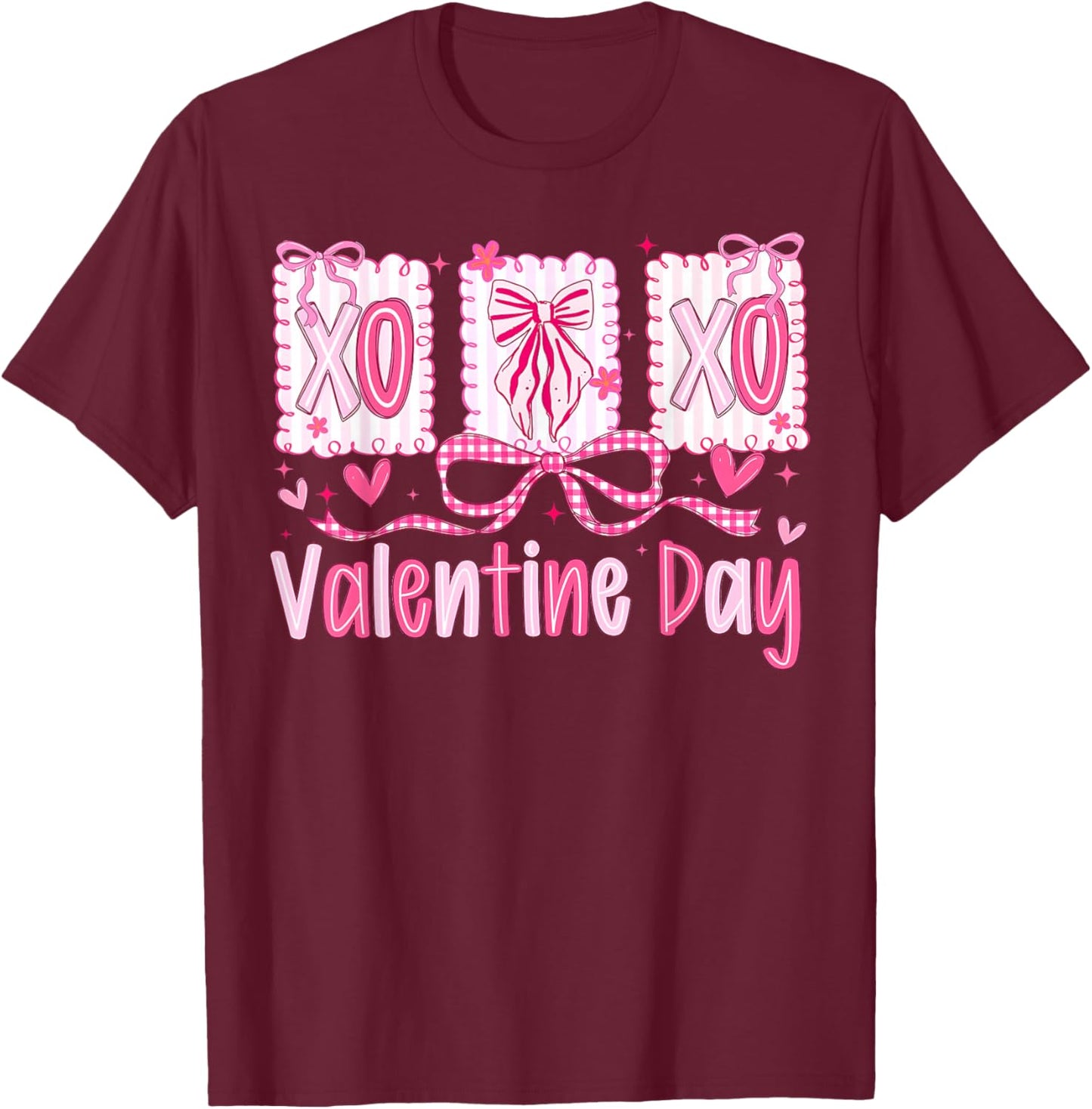 Preppy Valentine XOXO Coquette Bow Hearts Lover Girl Women T-Shirt - T-Shirt | Maroon