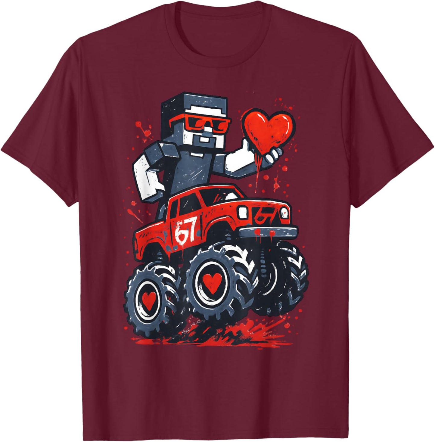Valentines Day Man Pixel Art 67 Truck Video Game Humor Meme T-Shirt - T-Shirt | Maroon
