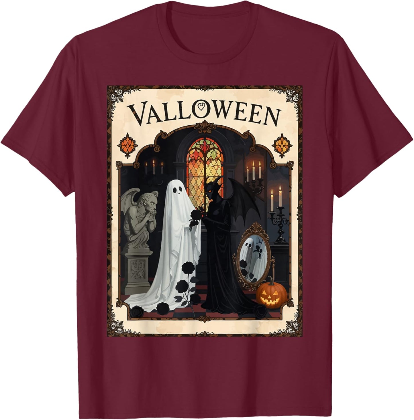 Valloween Ceremony Ghost and Robed Figure T-Shirt - T-Shirt | Maroon