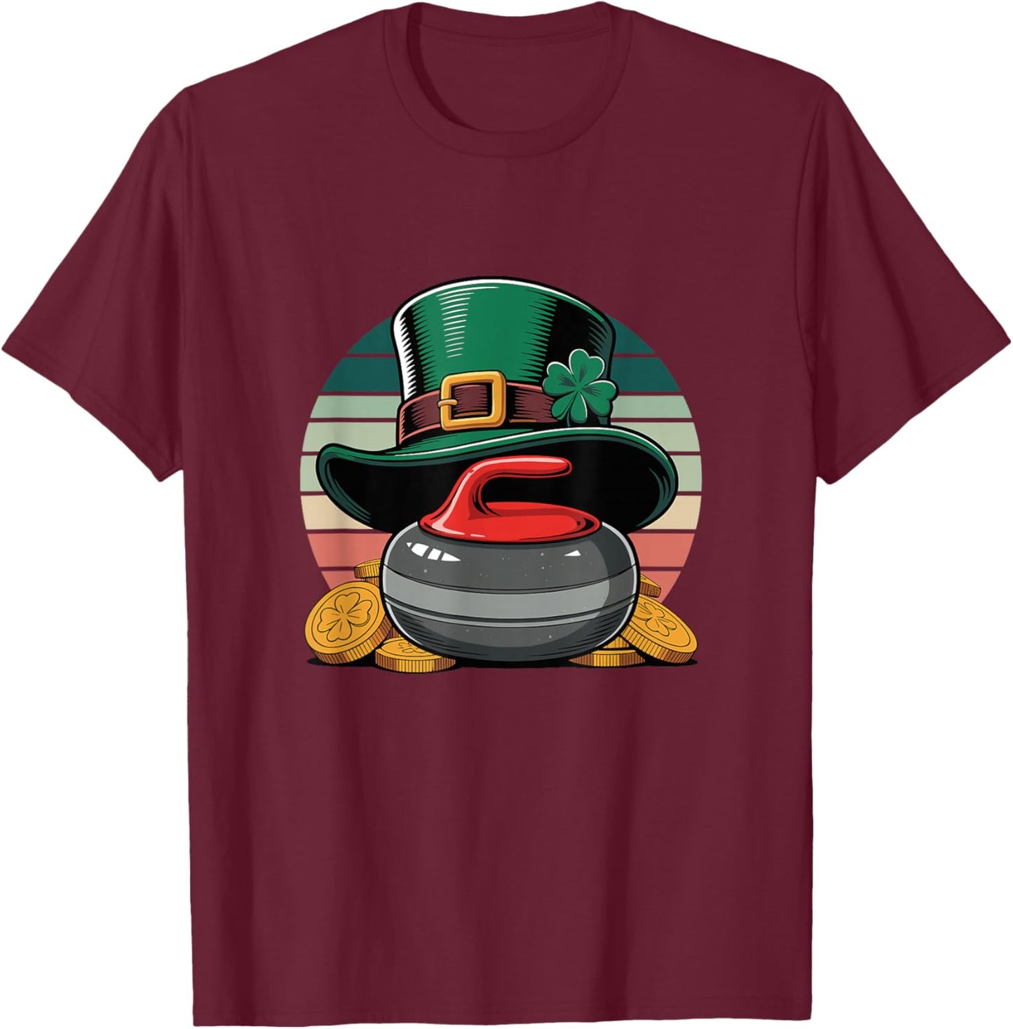 St. Patrick's Day Lucky Curling Stone Clover Gold T-Shirt - T-Shirt | Maroon