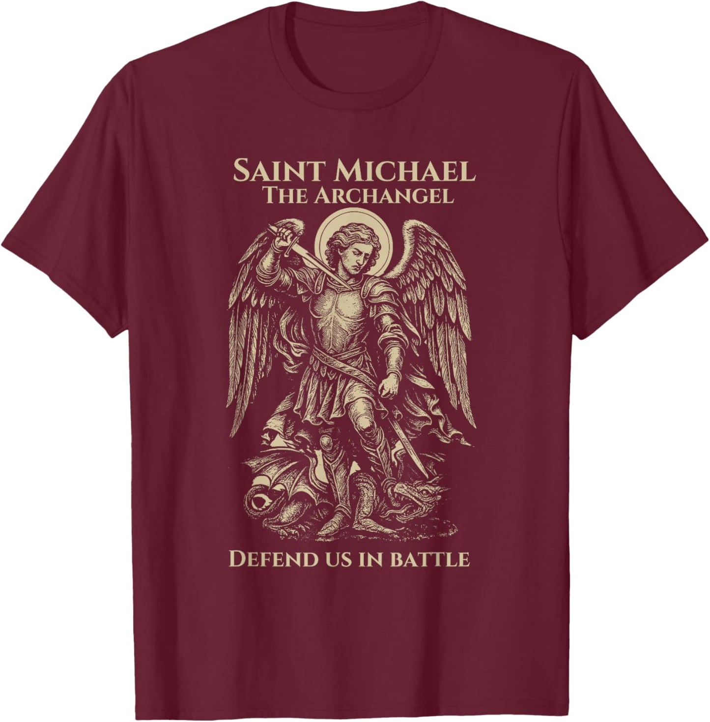 Saint Michael Defend Us in Battle Archangel Christian T-Shirt - T-Shirt | Maroon