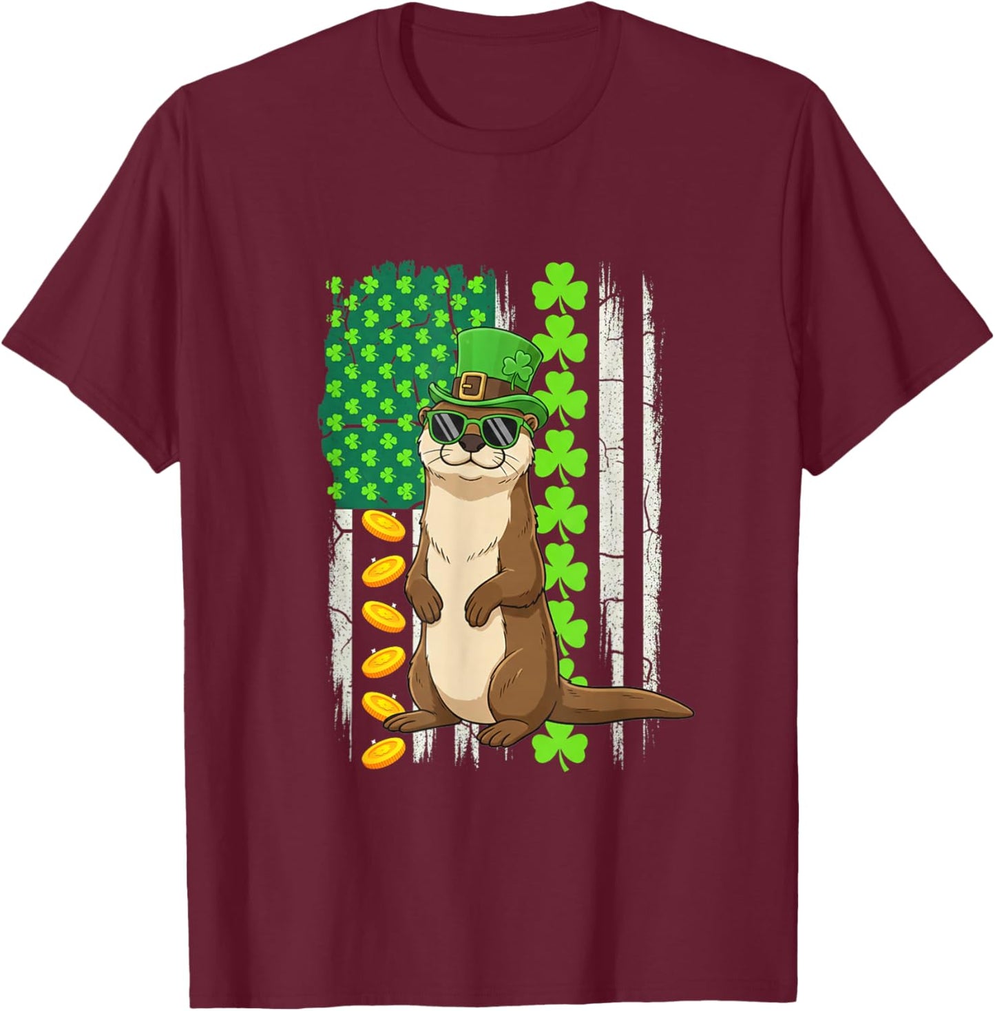 US Flag Shamrocks St. Patrick's Day Otter Lover Kids Family T-Shirt - T-Shirt | Maroon