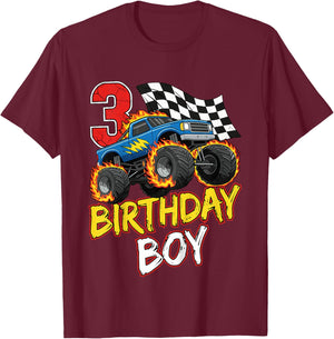 Kids Birthday Monster Truck 3 Year Old Boys 3rd Party Born 2023 T-Shirt - T-Shirt | Maroon