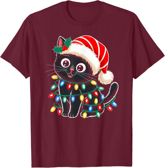 Black Cat Christmas Lights Santa Hat Xmas Pajamas Cat Lover T-Shirt - T-Shirt | Maroon