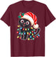 Black Cat Christmas Lights Santa Hat Xmas Pajamas Cat Lover T-Shirt - T-Shirt | Maroon