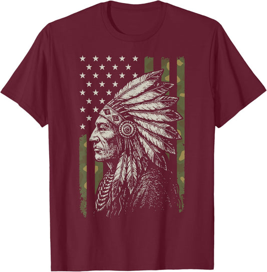 Indigenous USA Flag Patriot Native American T-Shirt - T-Shirt | Maroon