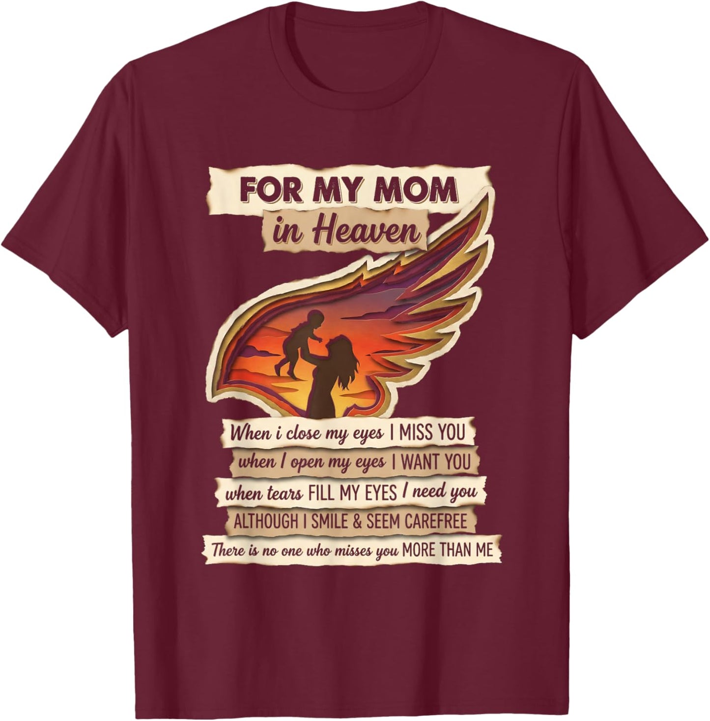 for My Mom in Heaven Missing You Remembrance Angel Wing T-Shirt - T-Shirt | Maroon