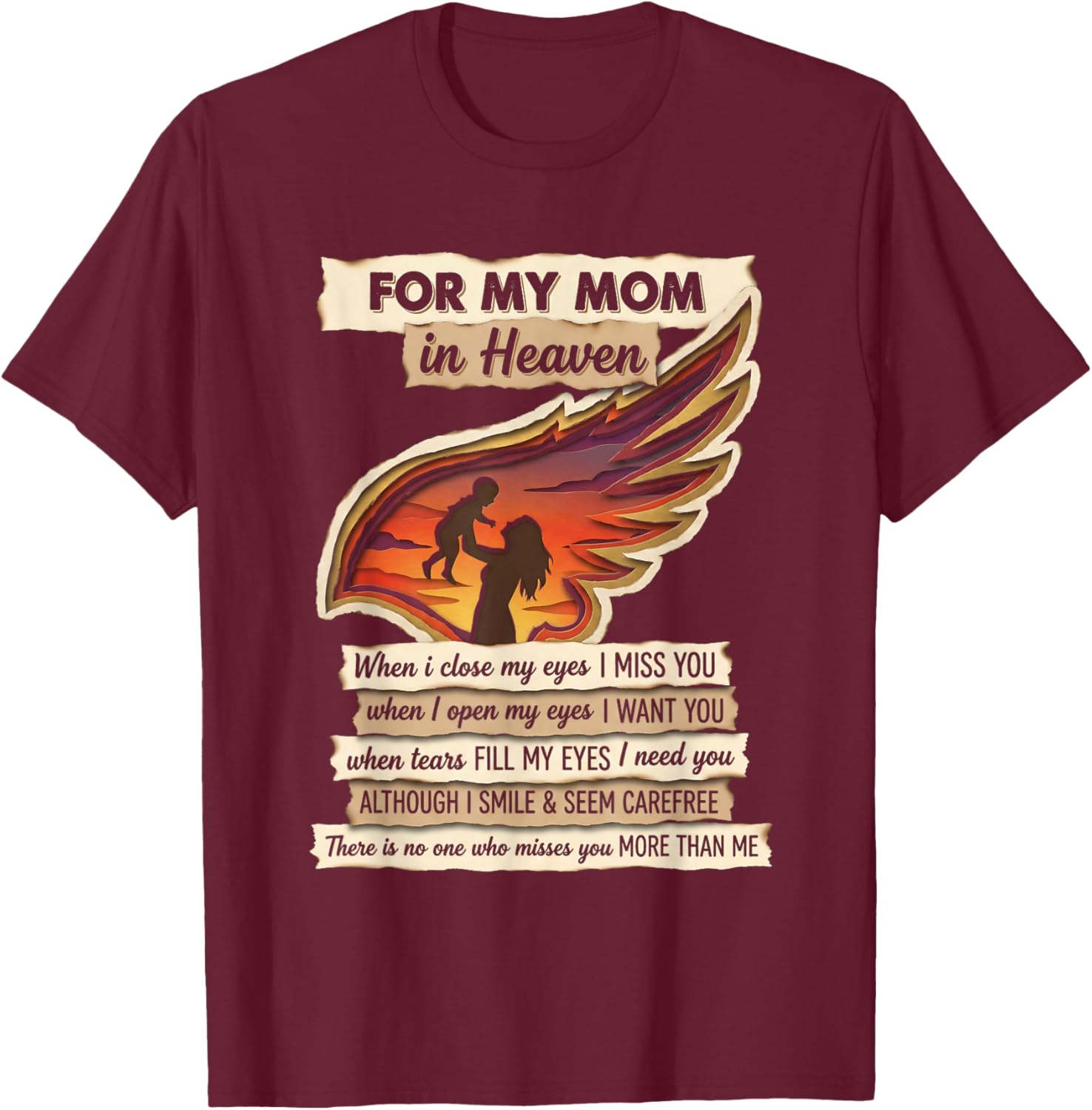 for My Mom in Heaven Missing You Remembrance Angel Wing T-Shirt - T-Shirt | Maroon