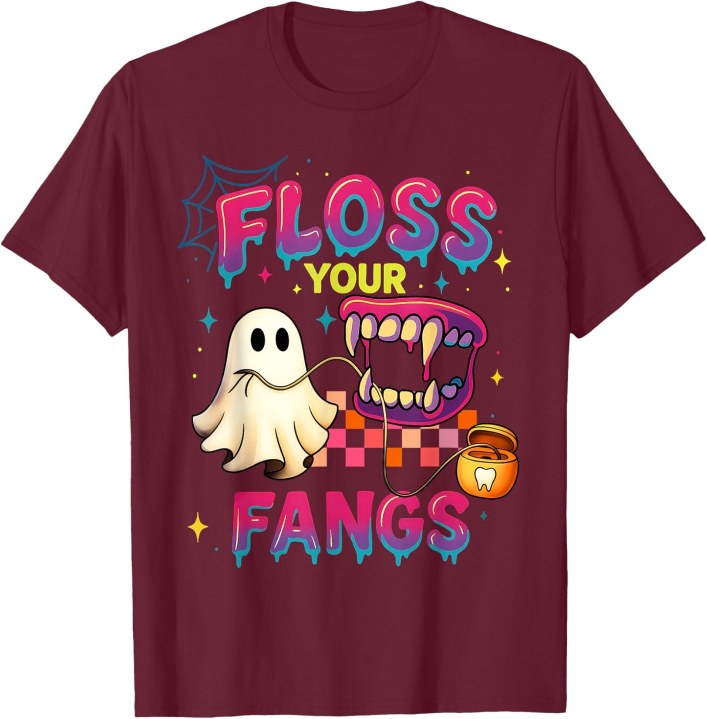 Floss Your Fangs Spooky Dentist Funny Boo Dental Halloween T-Shirt - T-Shirt | Maroon