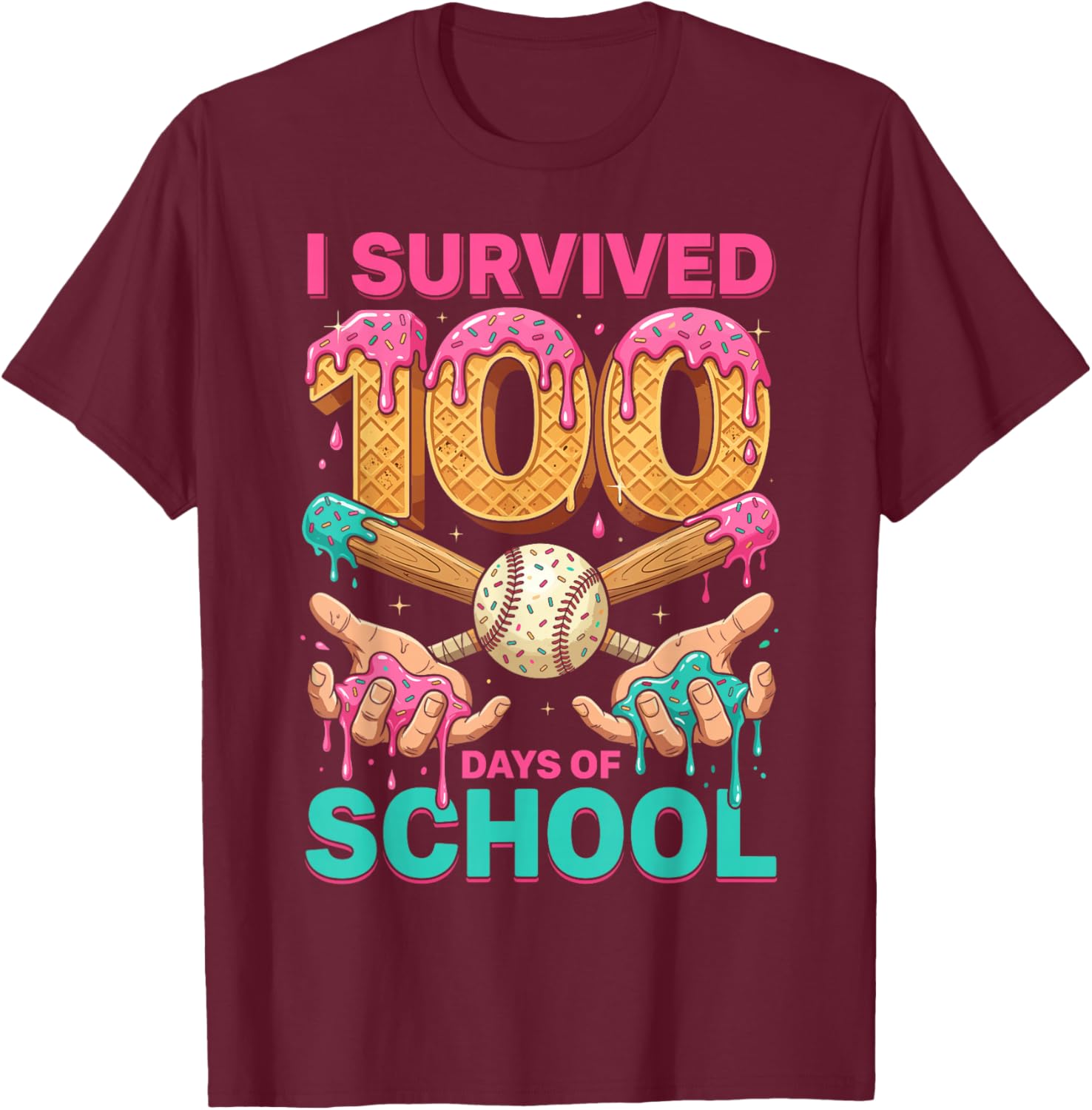 I Survived 100 Days of School Baseball Ice Cream Drip T-Shirt - T-Shirt | Maroon