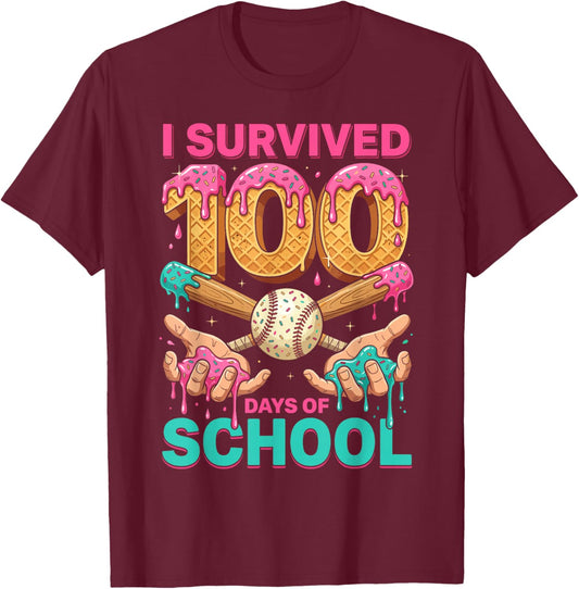I Survived 100 Days of School Baseball Ice Cream Drip T-Shirt - T-Shirt | Maroon