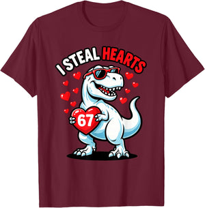 I Steal 67 Hearts Valentine’s Day 67 Meme 6 7 T-Rex Boys T-Shirt - T-Shirt | Maroon