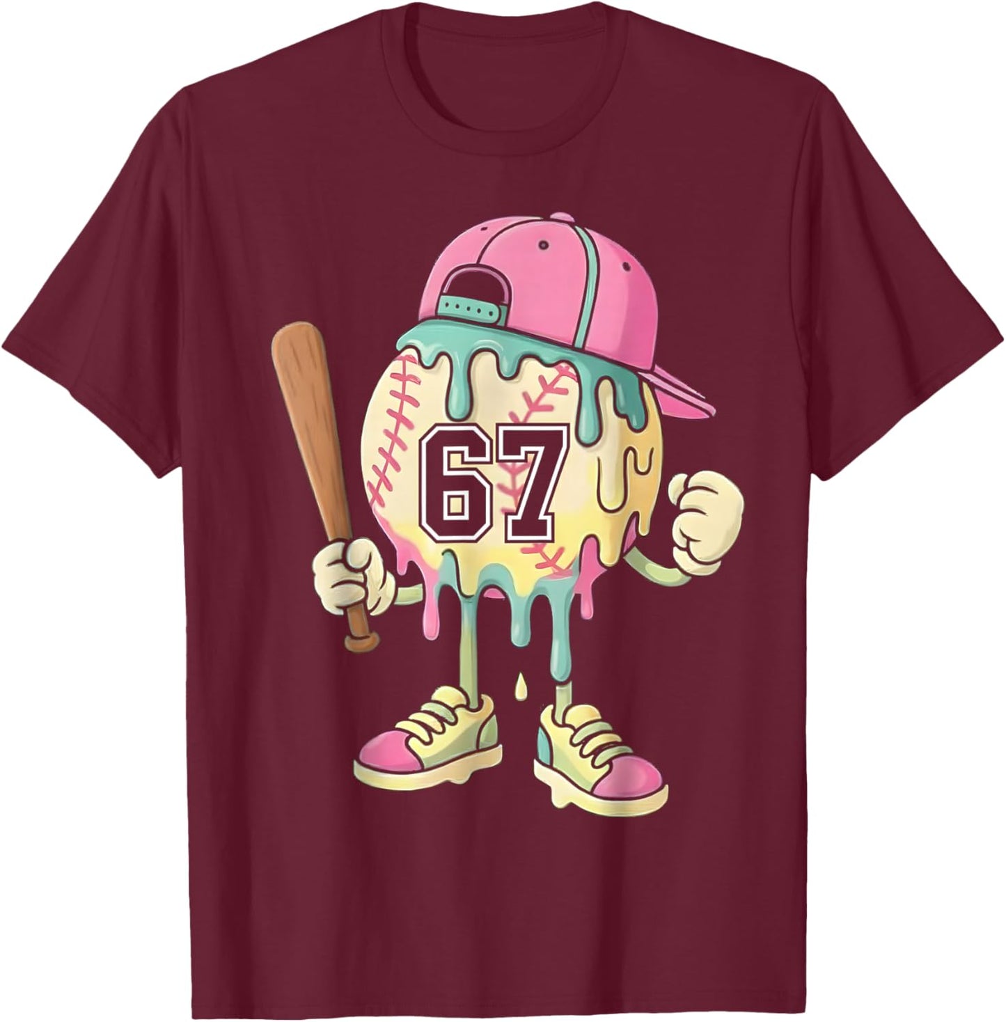 Baseball Ice Cream Drip 67 Boys and Girls Batter Game Day T-Shirt - T-Shirt | Maroon
