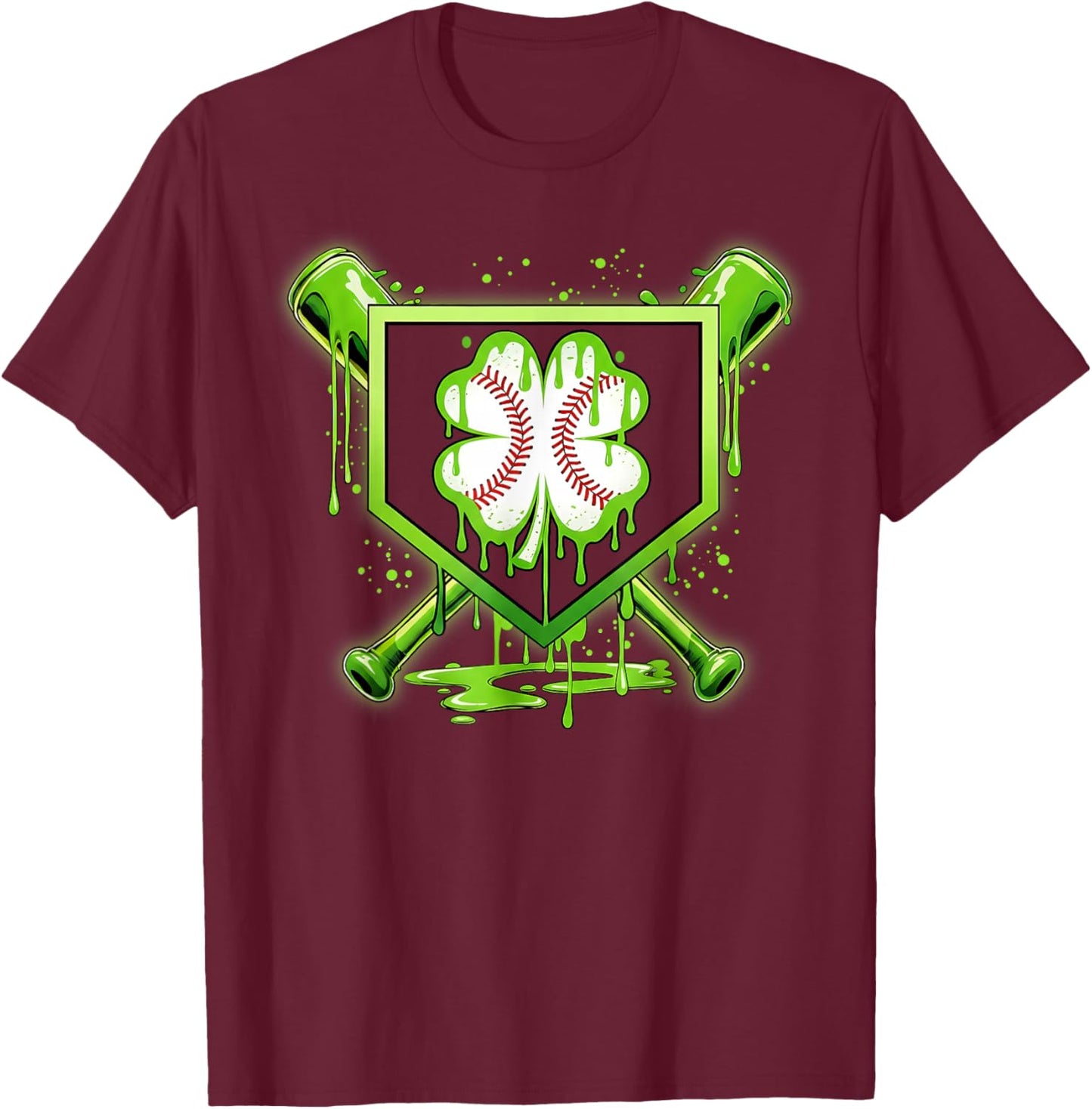 Baseball Icecream St Patrick's Day Lucky Charm Shamrock Drip T-Shirt - T-Shirt | Maroon