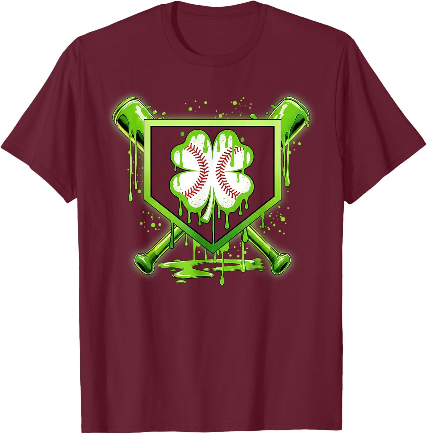 Baseball Icecream St Patrick's Day Lucky Charm Shamrock Drip T-Shirt - T-Shirt | Maroon