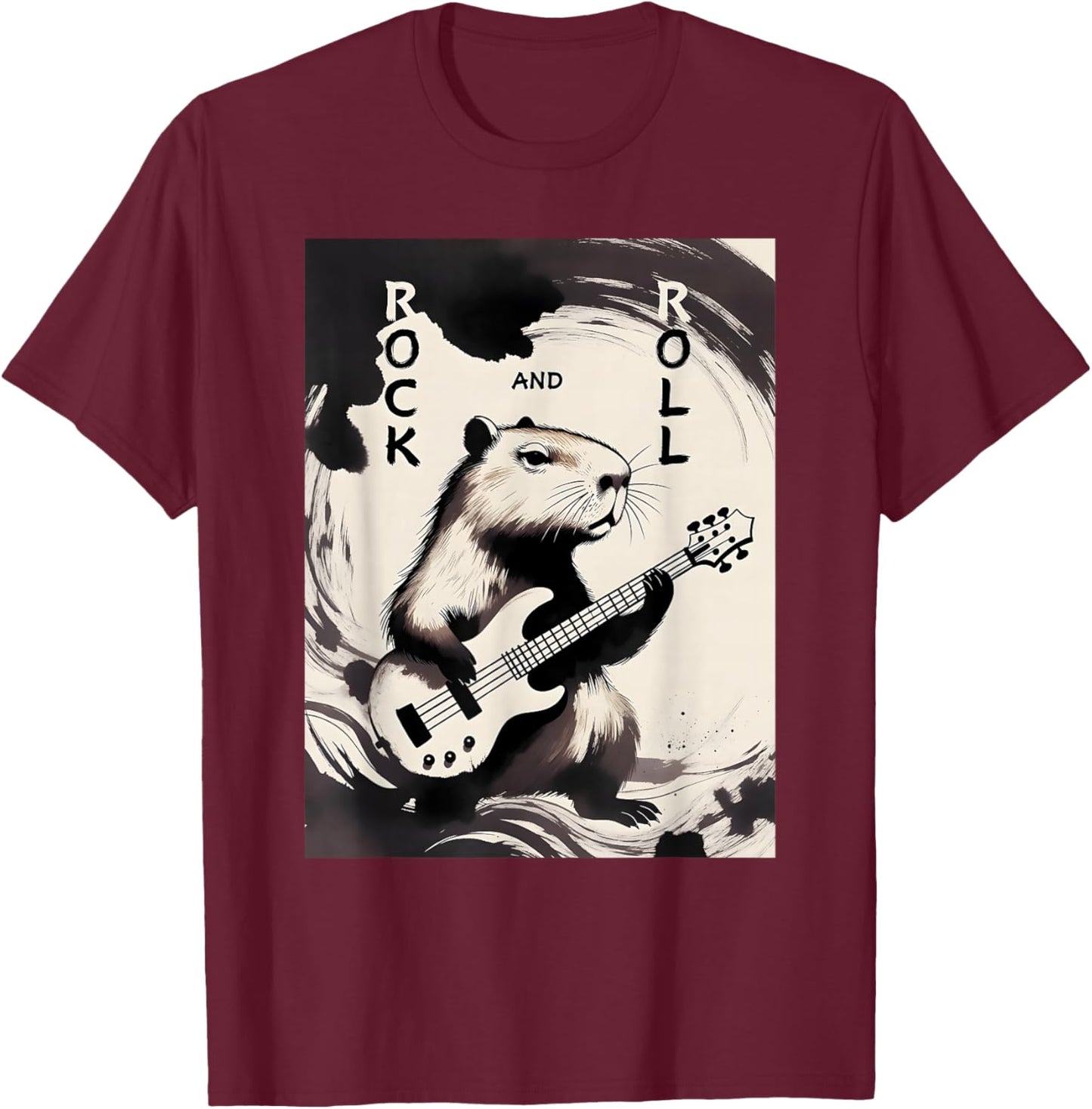 Capybara Playing Guitar Rock On Vintage Guitarist Capybara T-Shirt - T-Shirt | Maroon