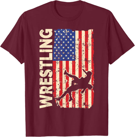 Retro American Wrestling US Flag Wrestling Wrestler Boy T-Shirt - T-Shirt | Maroon