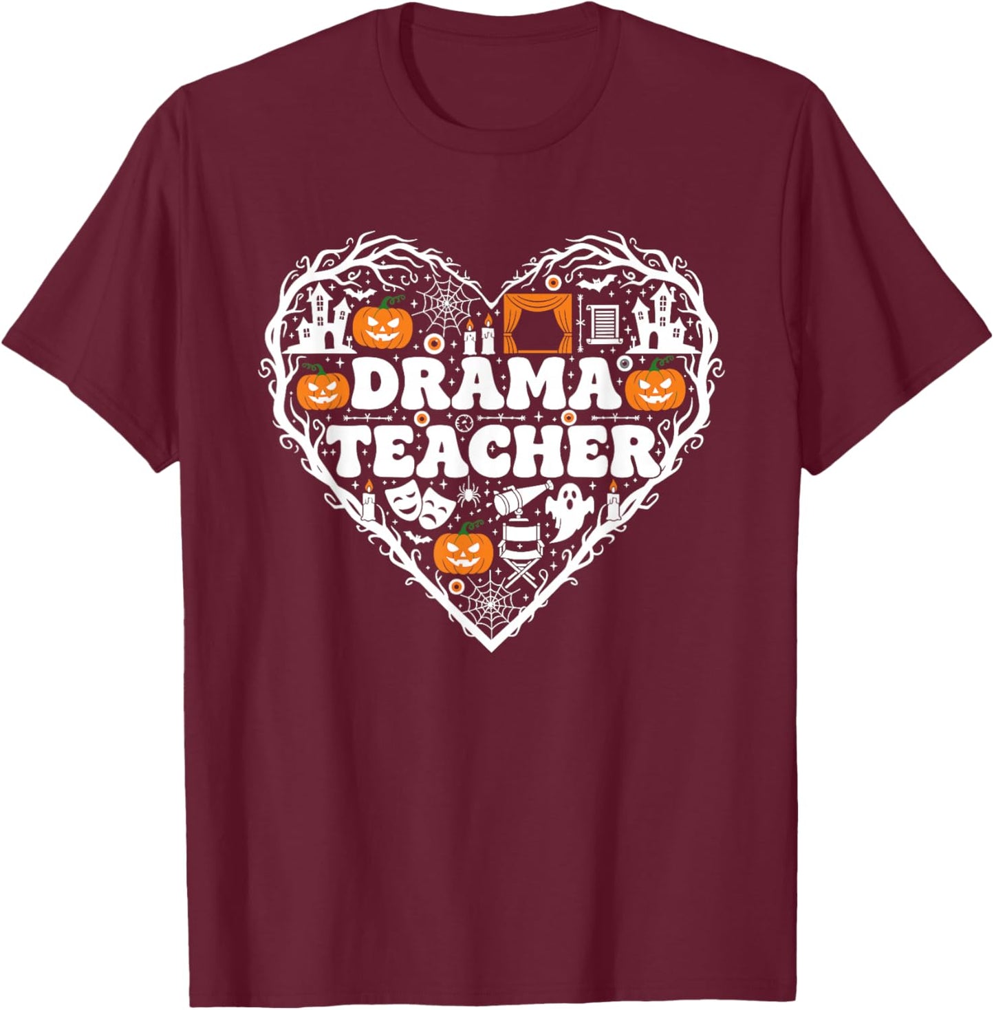 Drama Teacher Heart Pumpkin Ghost Halloween Kids T-Shirt - T-Shirt | Maroon