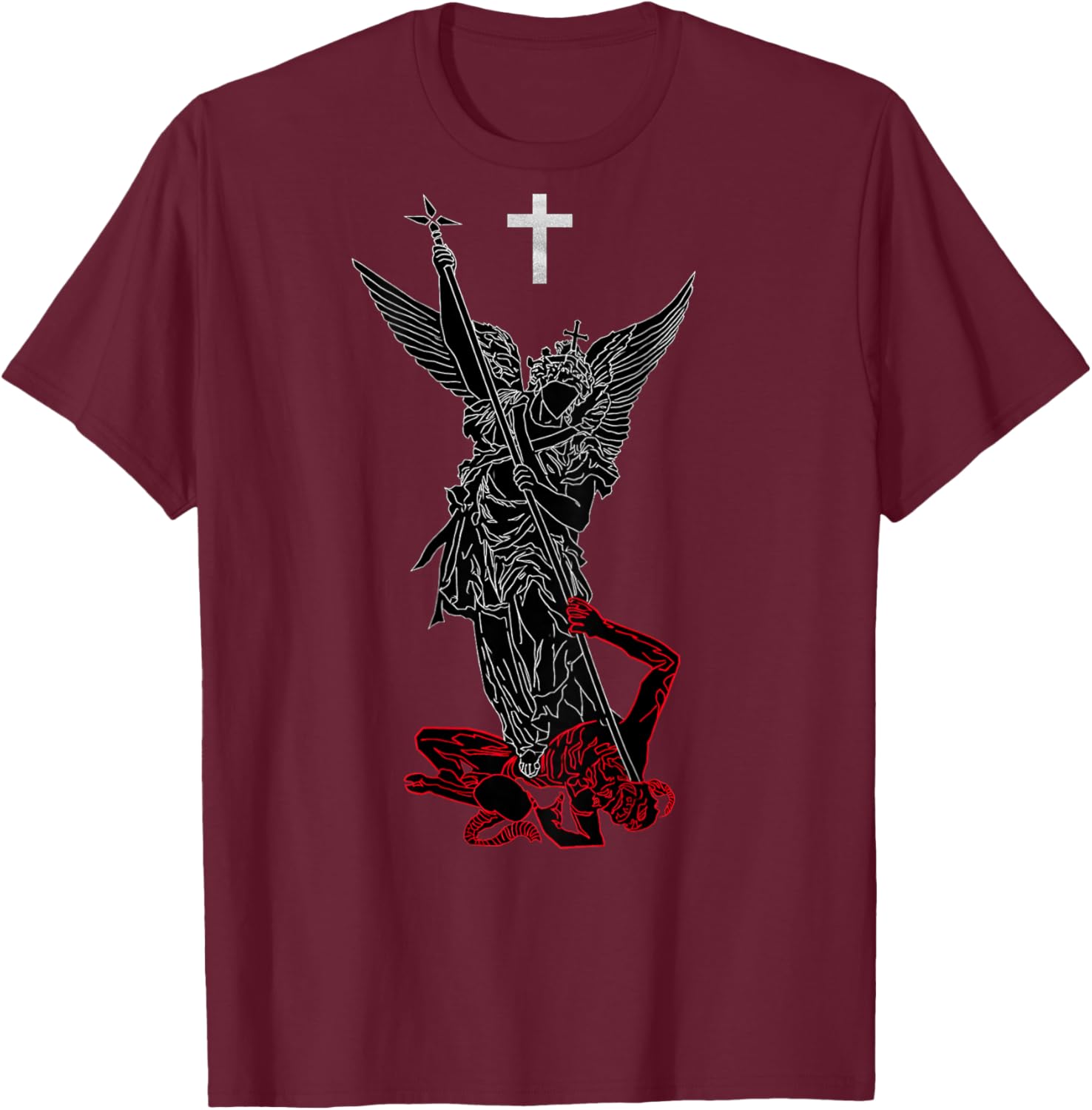 Saint Michael The Archangel Defeating Satan Christian T-Shirt - T-Shirt | Maroon