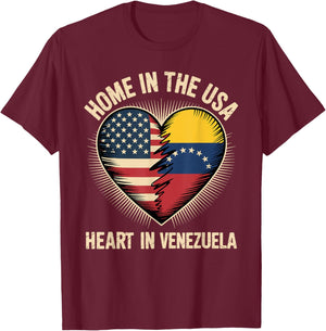 Home in The USA Heart in Venezuela Venezuelan America T-Shirt - T-Shirt | Maroon