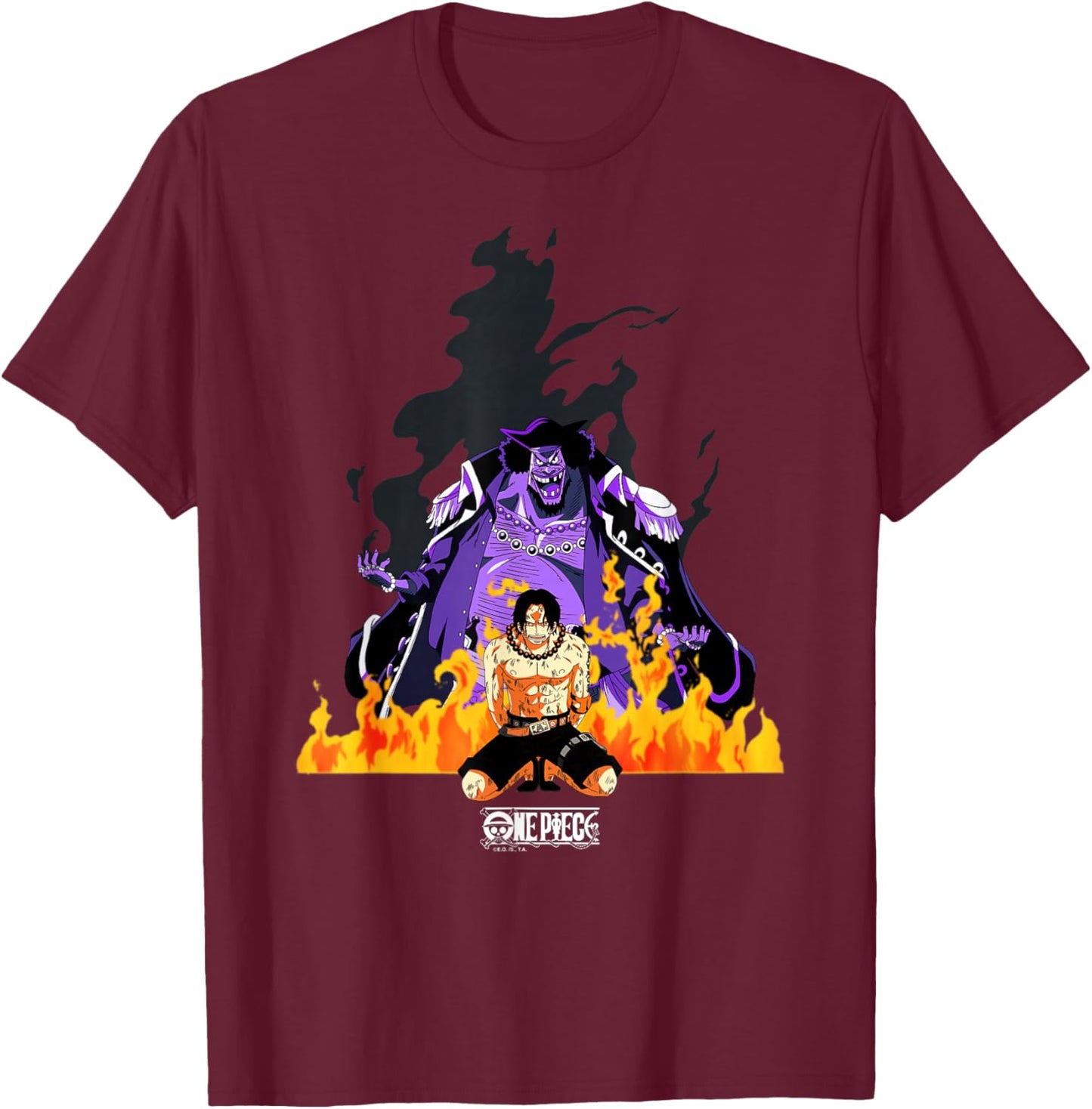 One Piece Anime Ace vs Blackbeard Flames New World T-Shirt - T-Shirt | Maroon