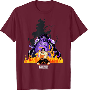One Piece Anime Ace vs Blackbeard Flames New World T-Shirt - T-Shirt | Maroon