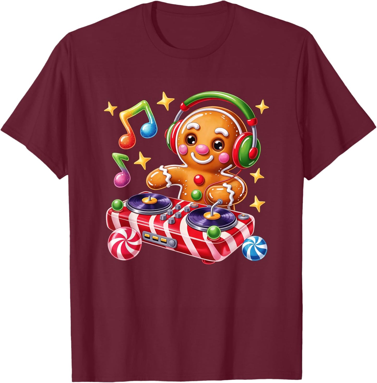 DJ Gingerbread Holiday Cheer Music Vibes T-Shirt - T-Shirt | Maroon