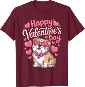 Happy Valentine’s Day Bulldog with Hearts Cute Dog T-Shirt - T-Shirt | Maroon