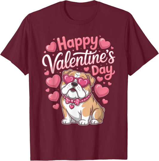 Happy Valentine’s Day Bulldog with Hearts Cute Dog T-Shirt - T-Shirt | Maroon