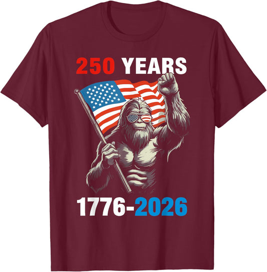 Patriotic Bigfoot USA Flag 250 Years 1776 2026 T-Shirt - T-Shirt | Maroon