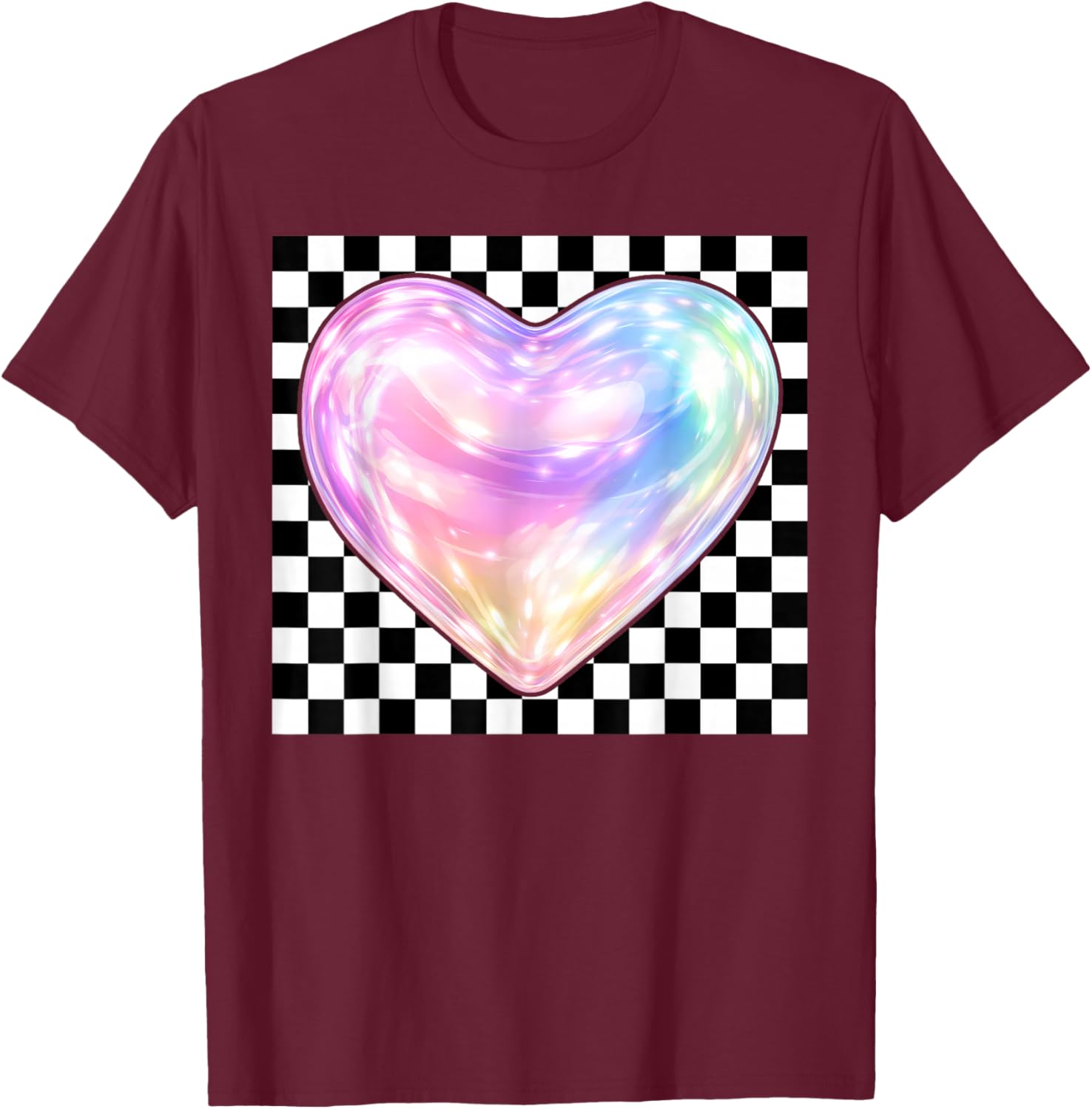 Colorful Heart Checkered Valentine's Day Teen Girl Kid Women T-Shirt - T-Shirt | Maroon
