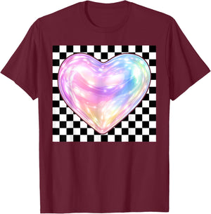 Colorful Heart Checkered Valentine's Day Teen Girl Kid Women T-Shirt - T-Shirt | Maroon