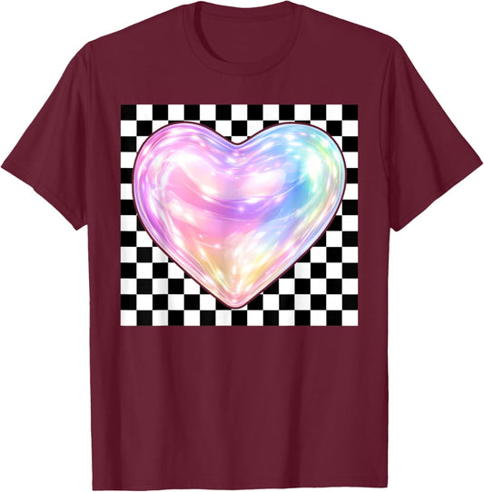 Colorful Heart Checkered Valentine's Day Teen Girl Kid Women T-Shirt - T-Shirt | Maroon