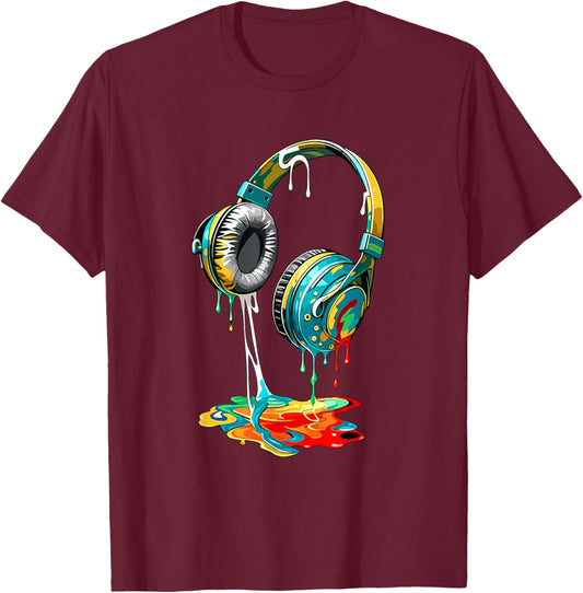 Vintage Dripping Melting Headphones Art Splash T-Shirt - T-Shirt | Maroon
