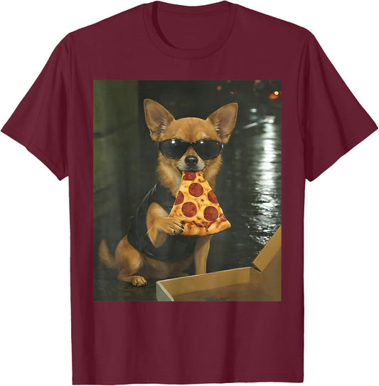 Dog Eating Pizza Funny Chihuahua Meme T-Shirt - T-Shirt | Maroon