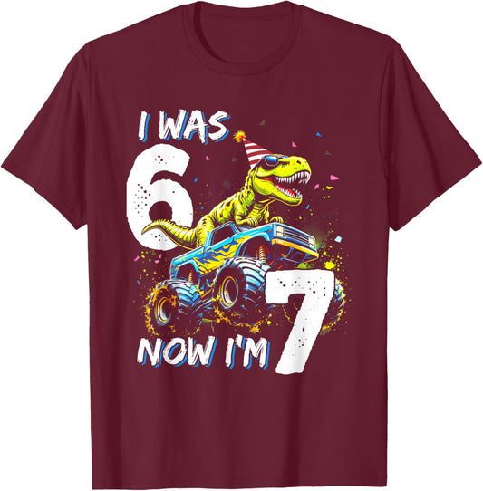 I was Six Now I'm Seven Dinosaur 67 Meme 7th Birthday Boys T-Shirt - T-Shirt | Maroon