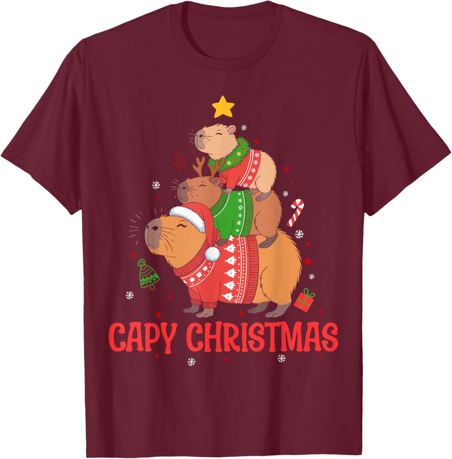Cappy Holidays Capybara Christmas Cute Capy Xmas Tree Pjs T-Shirt - T-Shirt | Maroon