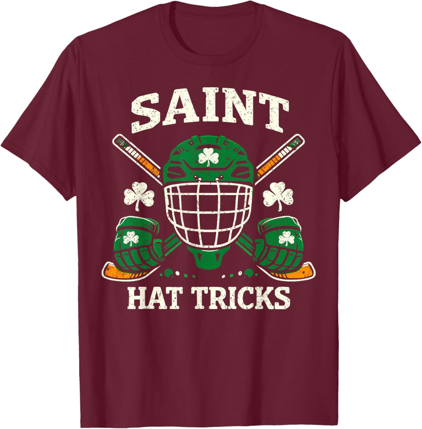 St.Patrick’s Day Ice Hockey Player Saint Hat Tricks Shamrock T-Shirt - T-Shirt | Maroon
