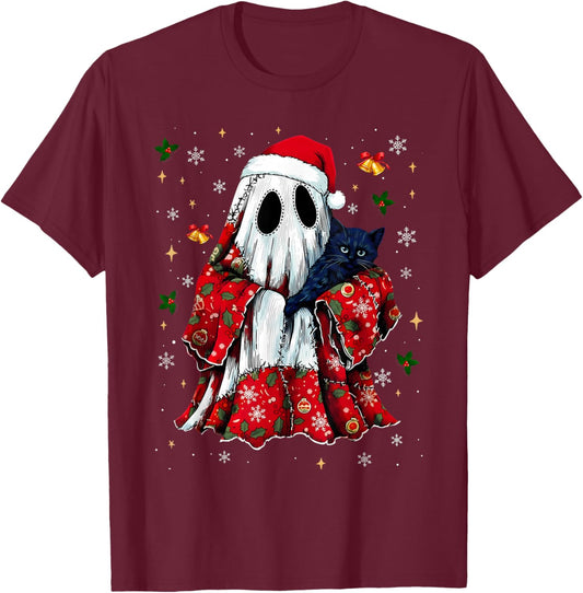 Vintage Christmas Ghost Holding Black Cat Groovy Floral T-Shirt - T-Shirt | Maroon