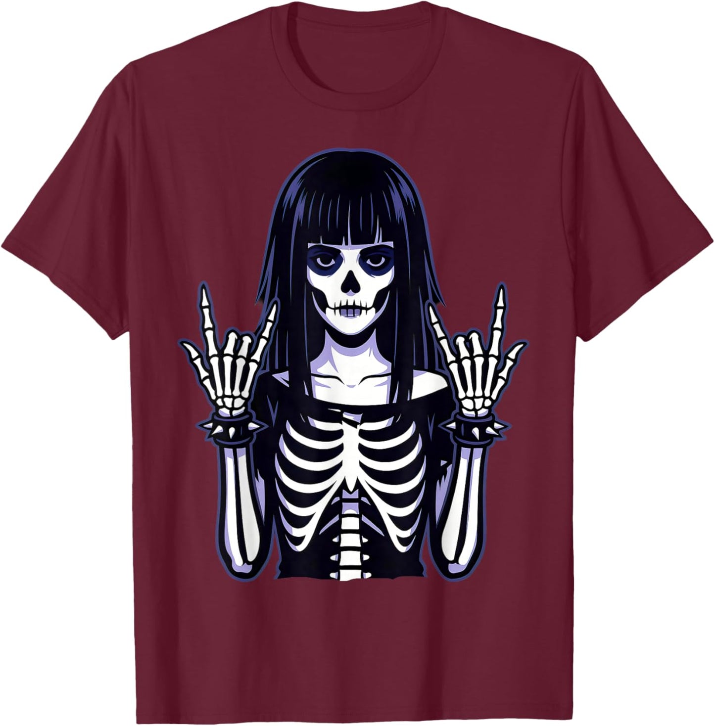 Skeleton Goth Girl Metalhead Rock Hand Sign, Emo Gothic Art T-Shirt - T-Shirt | Maroon