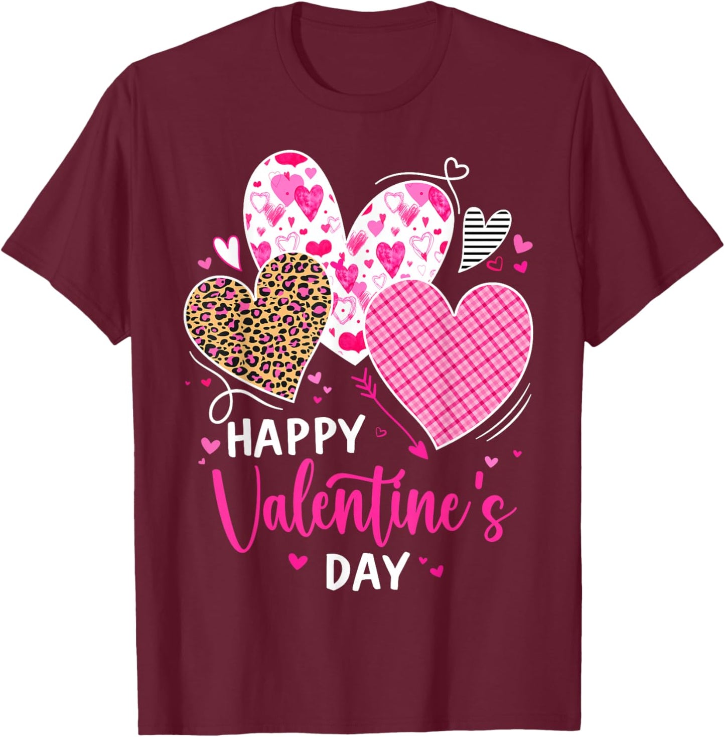 Happy Valentine's Day Leopard and Plaid Hearts Girls Women T-Shirt - T-Shirt | Maroon