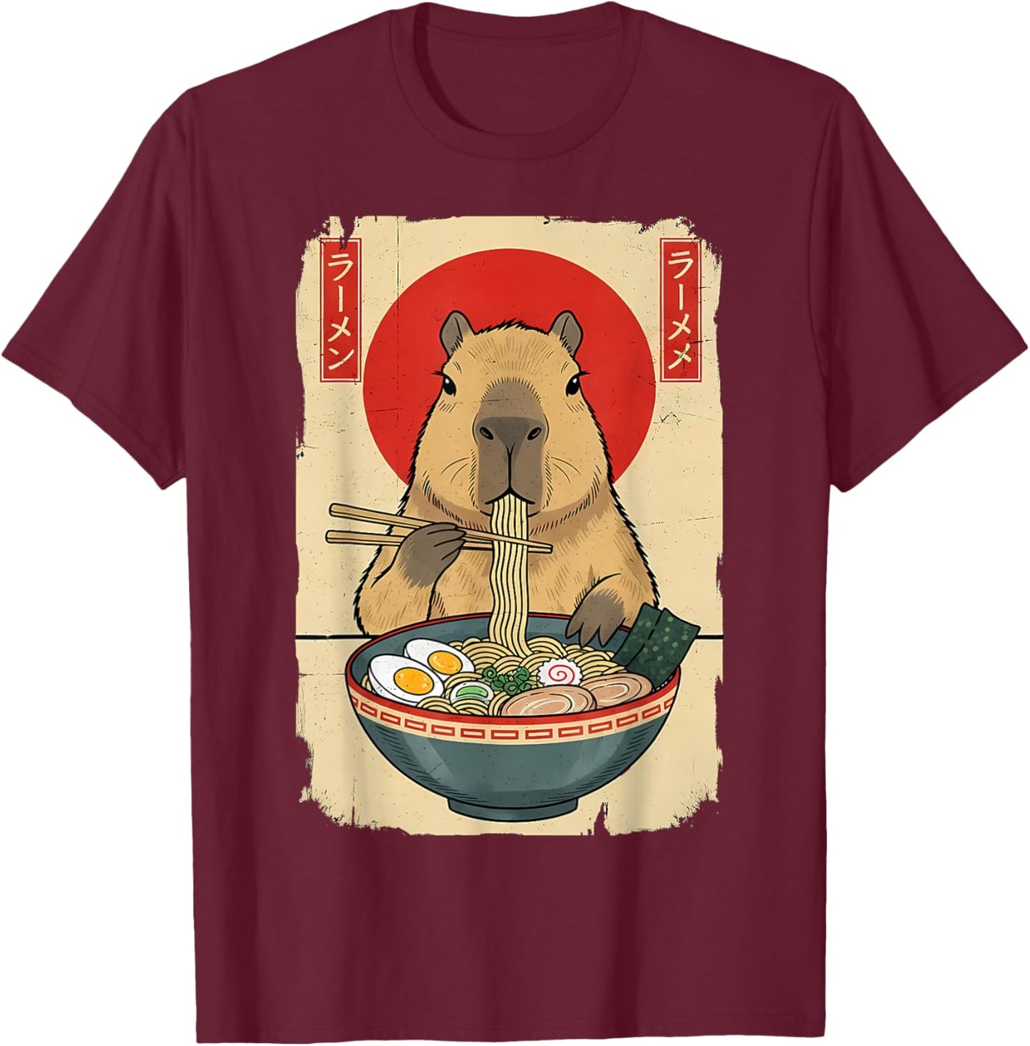 Capybara Eating Ramen Noodles Funny Vintage Japanese Anime T-Shirt - T-Shirt | Maroon