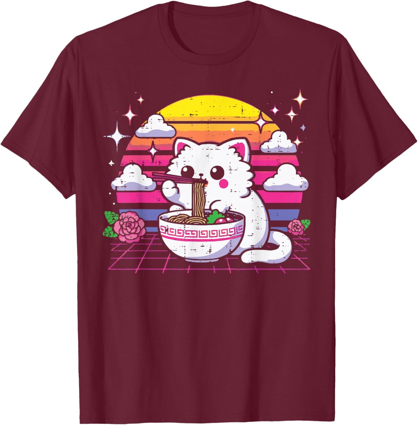 Japanese Cat Eating Ramen Vaporwave Ukiyo-e Women Girls Kids T-Shirt - T-Shirt | Maroon