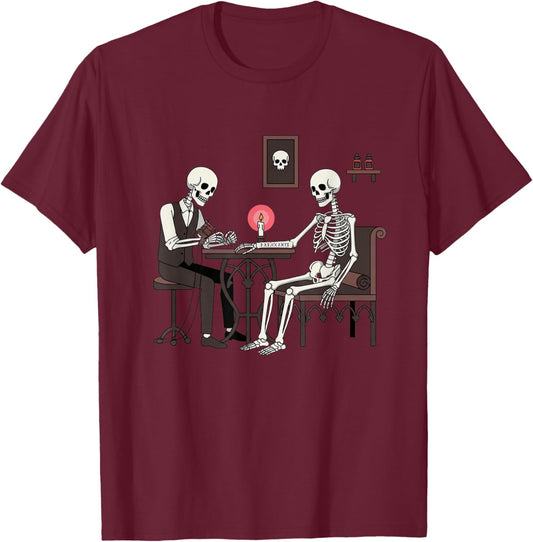 Skeleton Tattoo Artist Giving Ink to Another Skeleton Funny T-Shirt - T-Shirt | Maroon