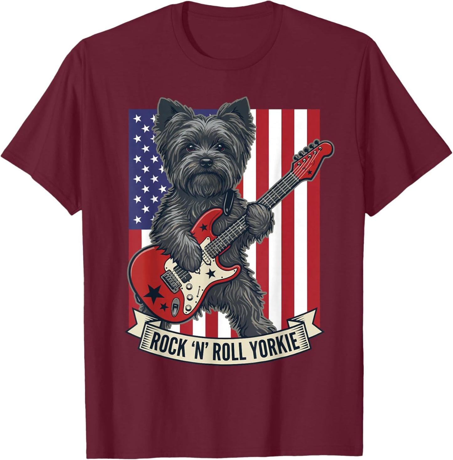 Rock N Roll Yorkie Dog Playing Guitar USA Flag Puppy T-Shirt - T-Shirt | Maroon