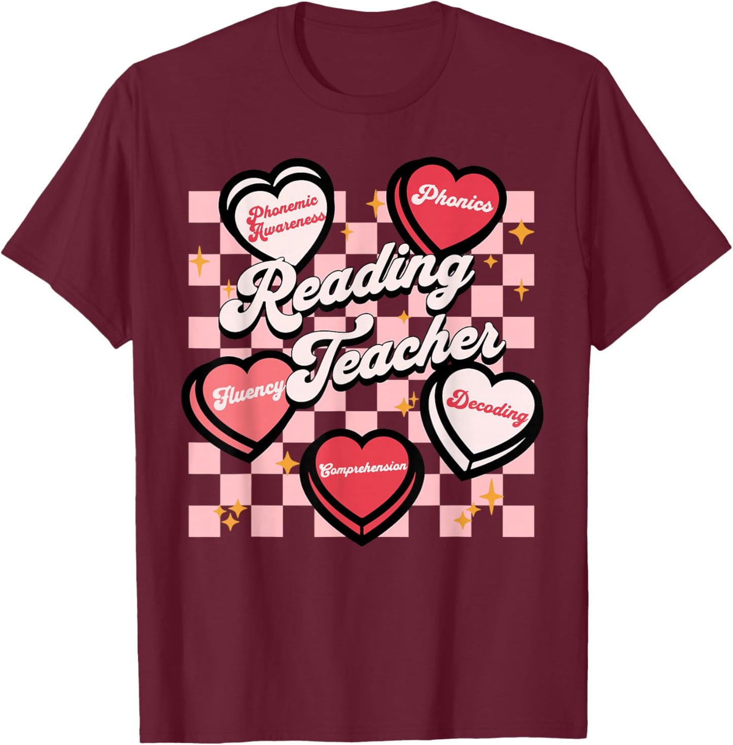 Retro Reading Teacher Candy Heart Valentines Literacy Coach T-Shirt - T-Shirt | Maroon