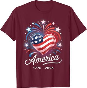 Flag Heart 1776 2026 July 4th 250th Birthday T-Shirt - T-Shirt | Maroon