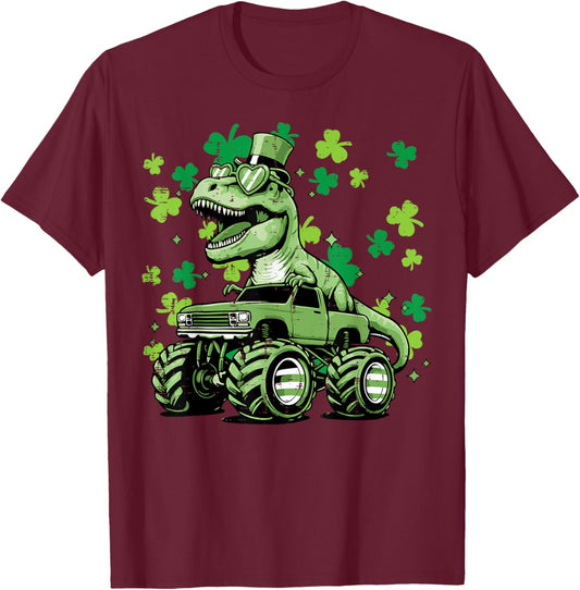 St Patricks Day Truck Dino Trex Irish Toddler Boy Kids Youth T-Shirt - T-Shirt | Maroon
