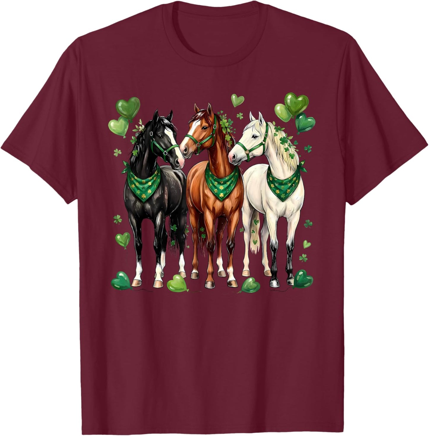 St. Patrick’s Day Equestrian Three Horses with Shamrocks T-Shirt - T-Shirt | Maroon