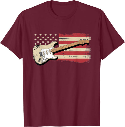 Distressed American Flag Electric Guitar Musician Rocker T-Shirt - T-Shirt | Maroon